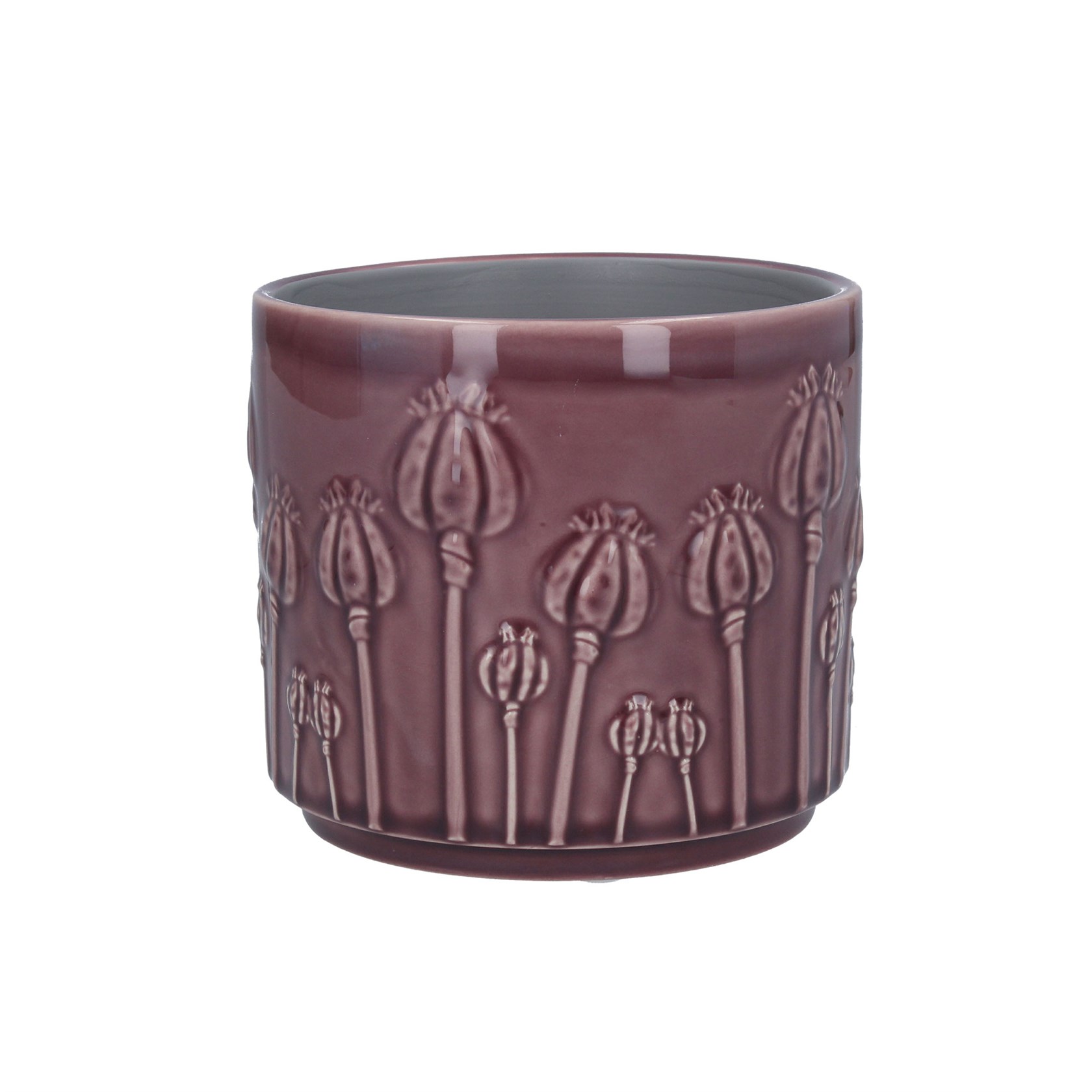 A small purple coloured ceramic pot cover with all over poppy design. The perfect addition to your home or the perfect gift for yourself or a loved one. By London designer Gisela Graham.